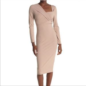 ASTR Ribbed MIDI Dress Long Sleeve Sheath Twist Neck Asymmetric Body Con Beige L
